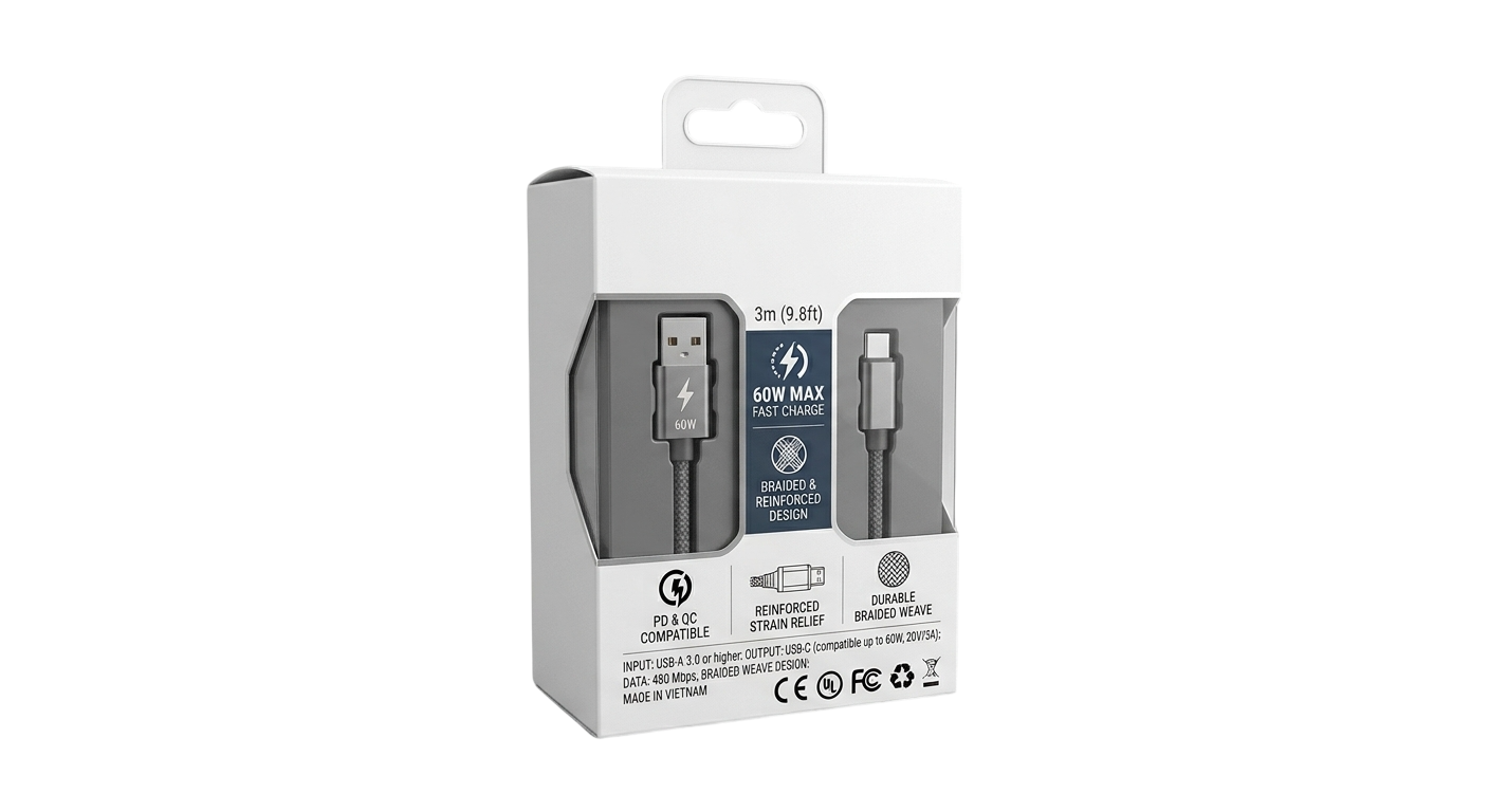60 W USB-A to USB-C Braided Fast Charging And Data Cable 3m