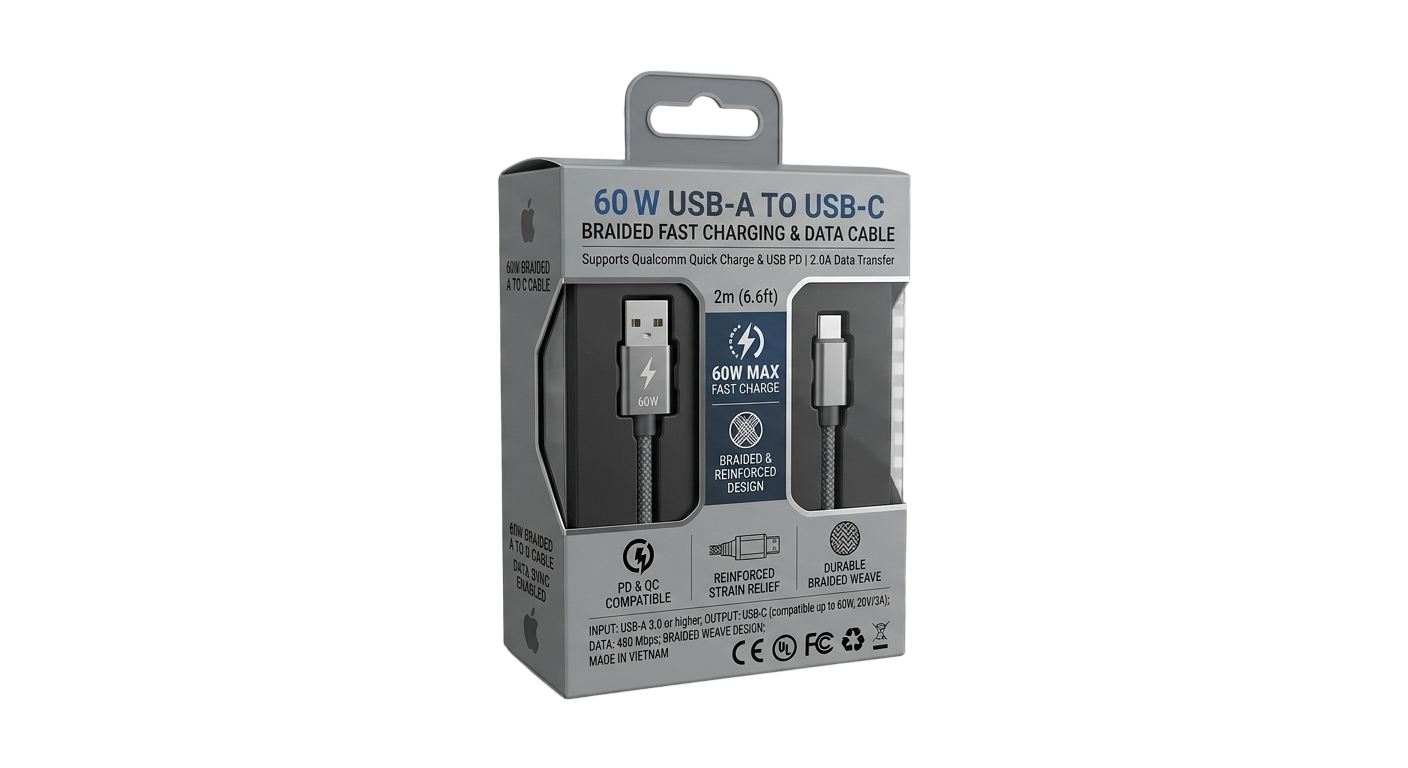 60 W USB-A to USB-C Braided Fast Charging And Data cable 2m